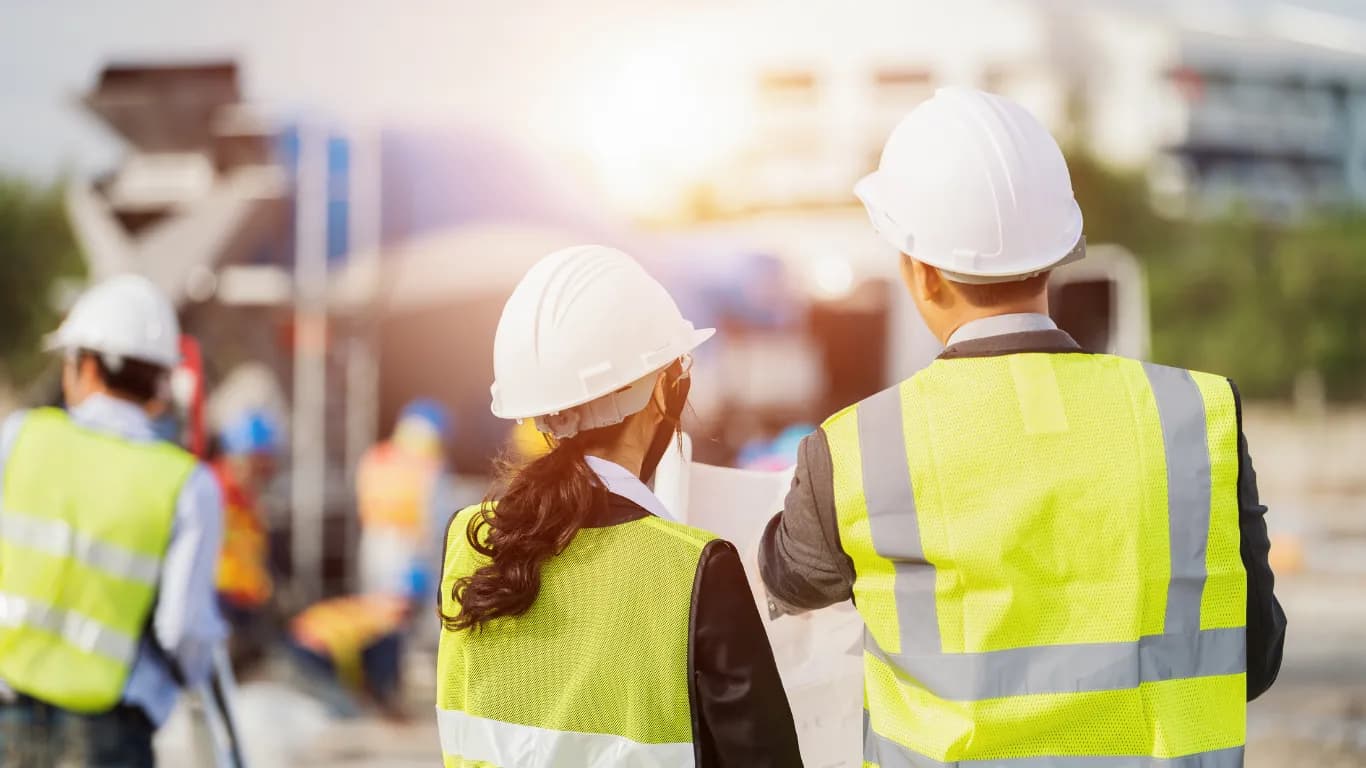 Management team supervising a BTP construction site