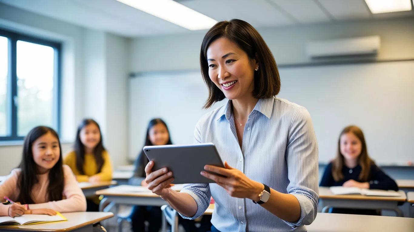 Enseignante utilisant Fleezy sur tablette pour gérer le matériel scolaire en classe