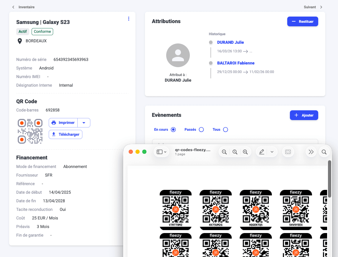 Accès rapide à la fiche matériel grâce au QR Code Fleezy