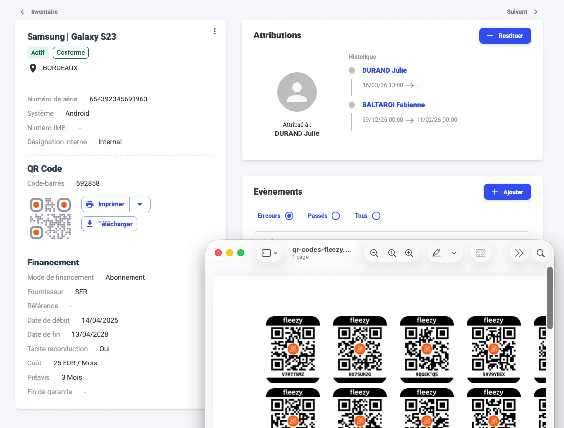 Accès rapide à la fiche matériel grâce au QR Code Fleezy